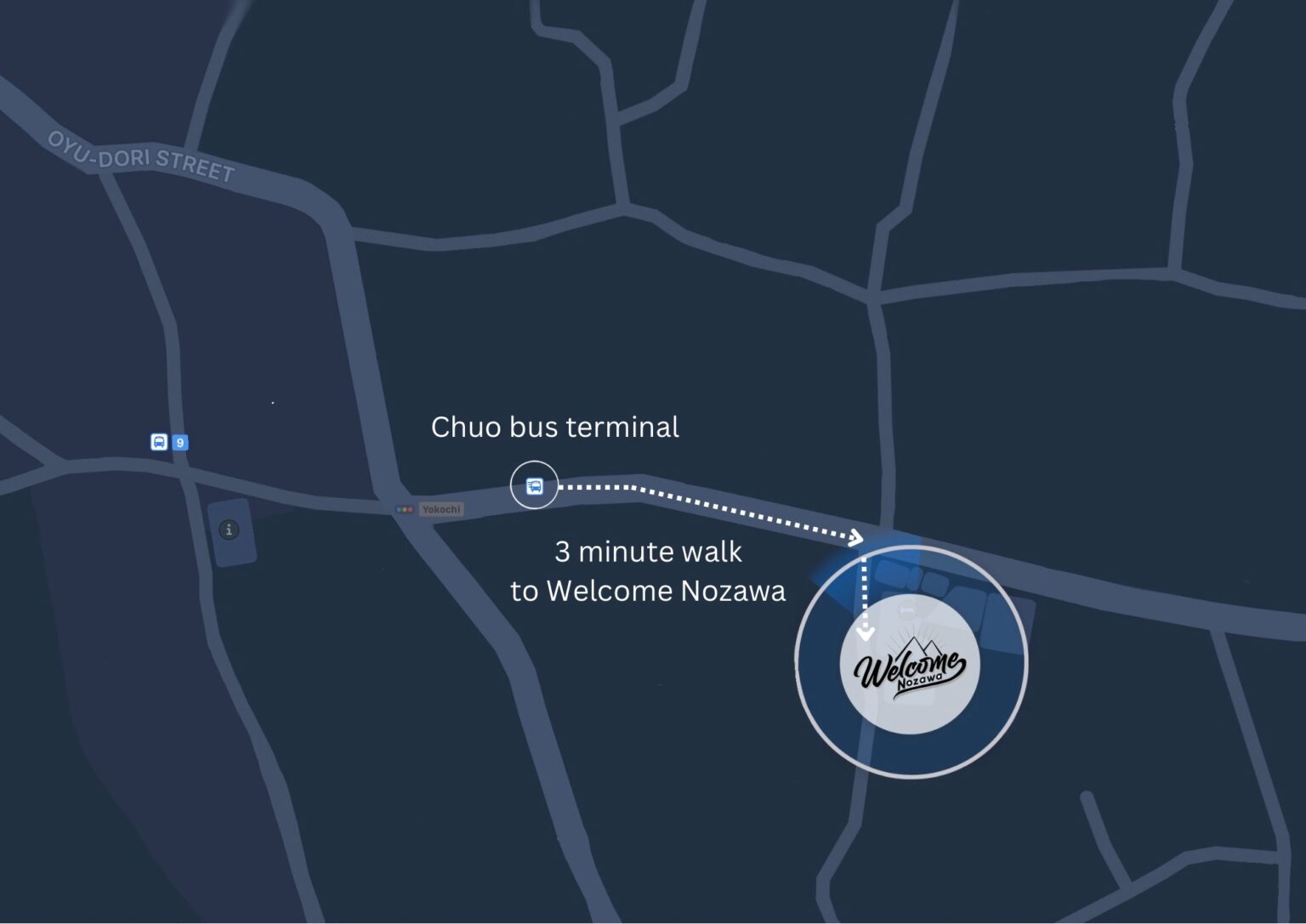 Map showing a 3-minute walk from Chuo bus terminal to Welcome Nozawa